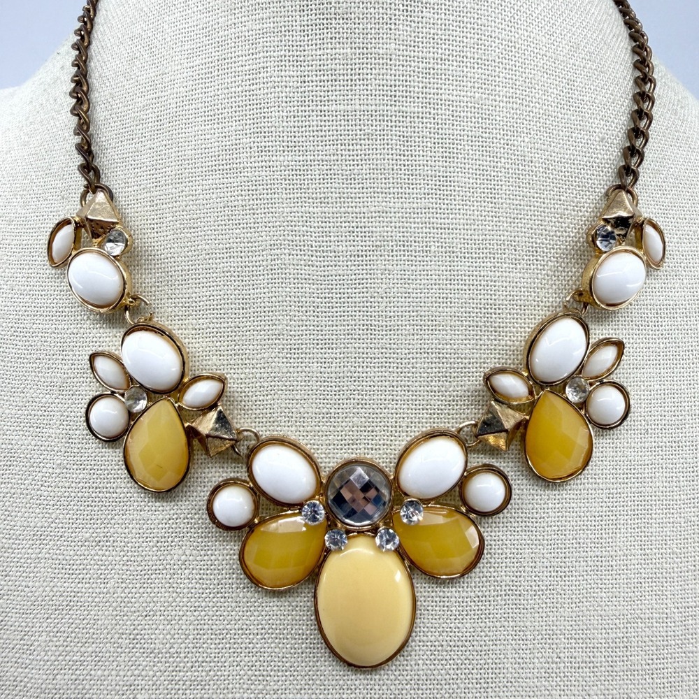 Statement Yellow White Stone Bib Necklace Gold Tone Boho Festival Chic Jewelry